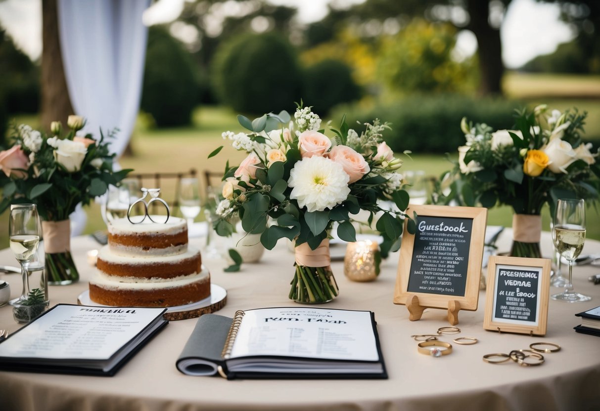 A table covered in wedding-themed objects: flowers, cake, rings, and a guestbook filled with fun facts about the couple