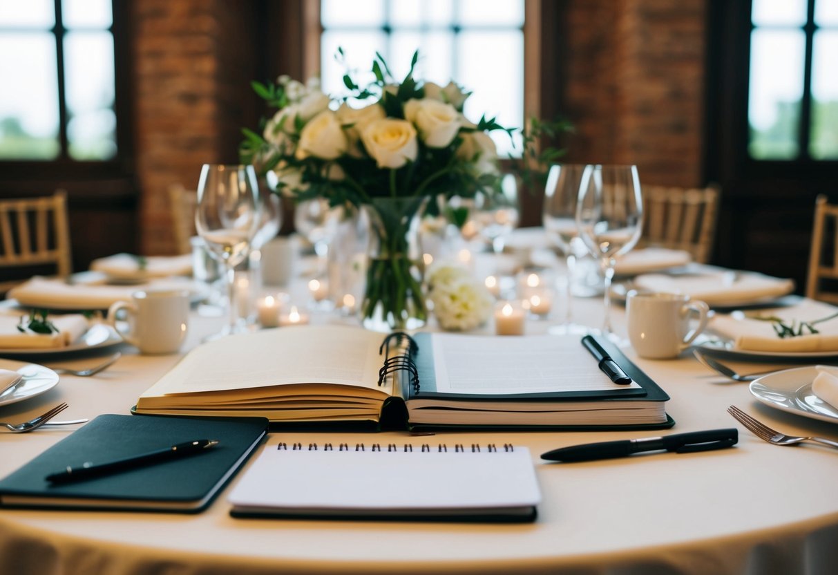 A table covered in wedding-related items, with a notebook and pen for brainstorming fun facts