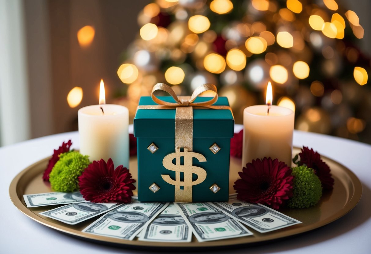 A table with a decorative box for monetary gifts, surrounded by flowers and candles