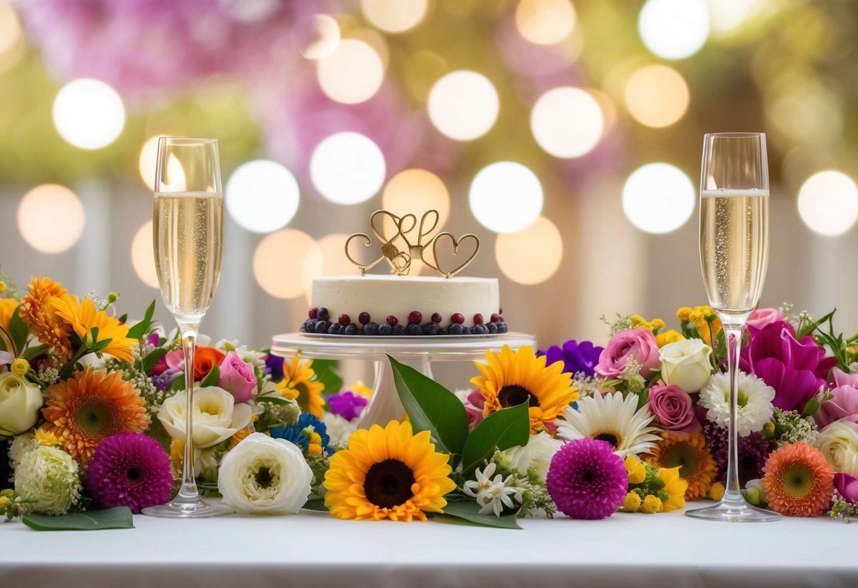 A colorful array of wedding-themed objects scattered on a table, including flowers, cake toppers, and champagne flutes