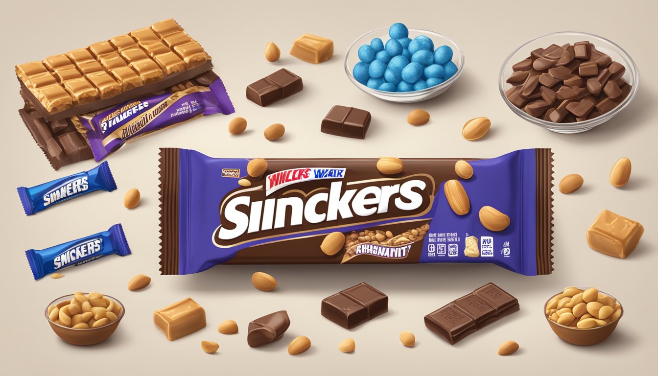 A table with a snickers and milky way bar, surrounded by scattered ingredients like peanuts and caramel, with nutrition labels displayed nearby