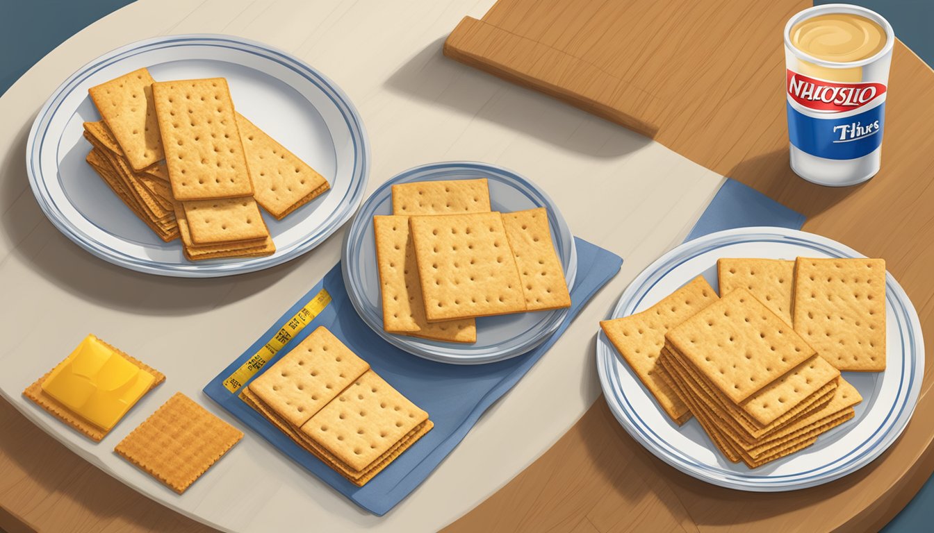 A table with two plates, one with Nabisco Wheat Thins and the other with Triscuit crackers. A measuring tape and nutritional labels are next to each plate