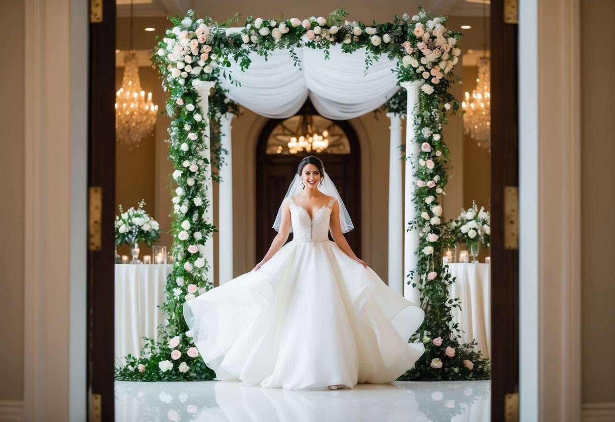 A bride in a flowing white gown stands under a grand arbor adorned with flowers, surrounded by elegant decor and soft lighting