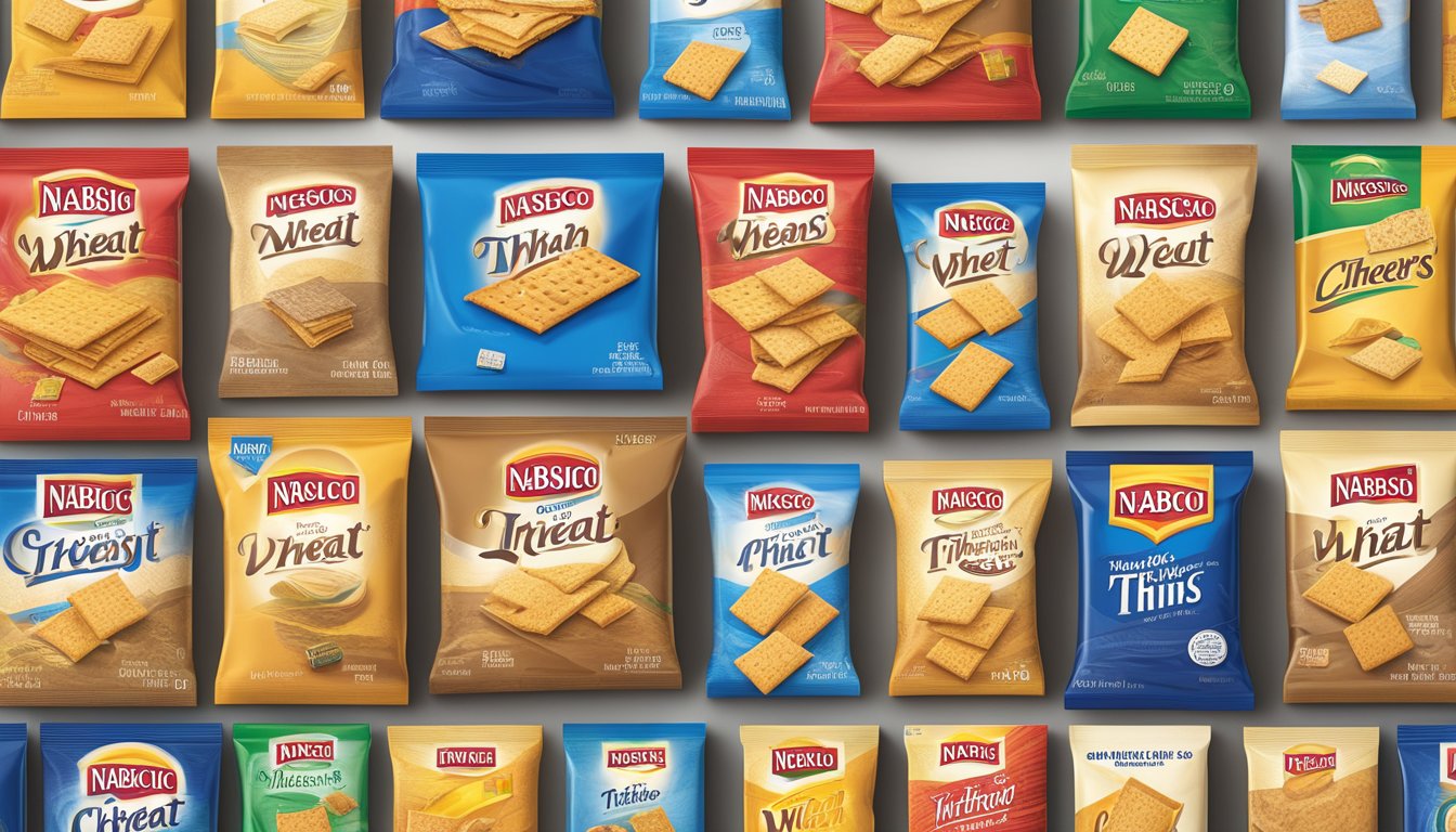 A table display showcasing various boxes of Nabisco Wheat Thins and Triscuit crackers in different flavors and packaging