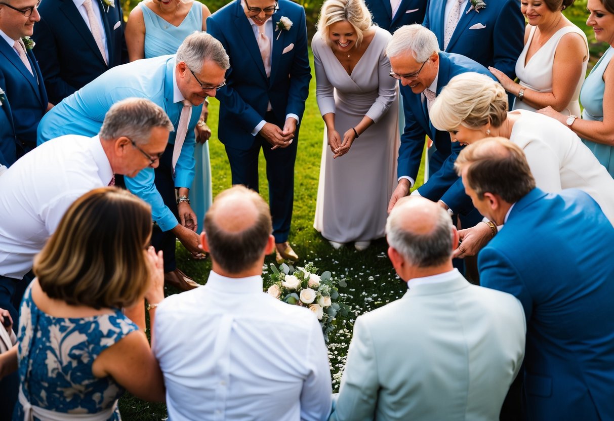 Family members gather in a circle, shedding tears of joy and saying heartfelt goodbyes before the wedding ceremony