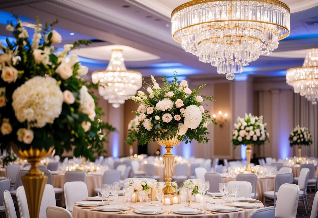 A grand ballroom with crystal chandeliers, elegant floral arrangements, and gold accents