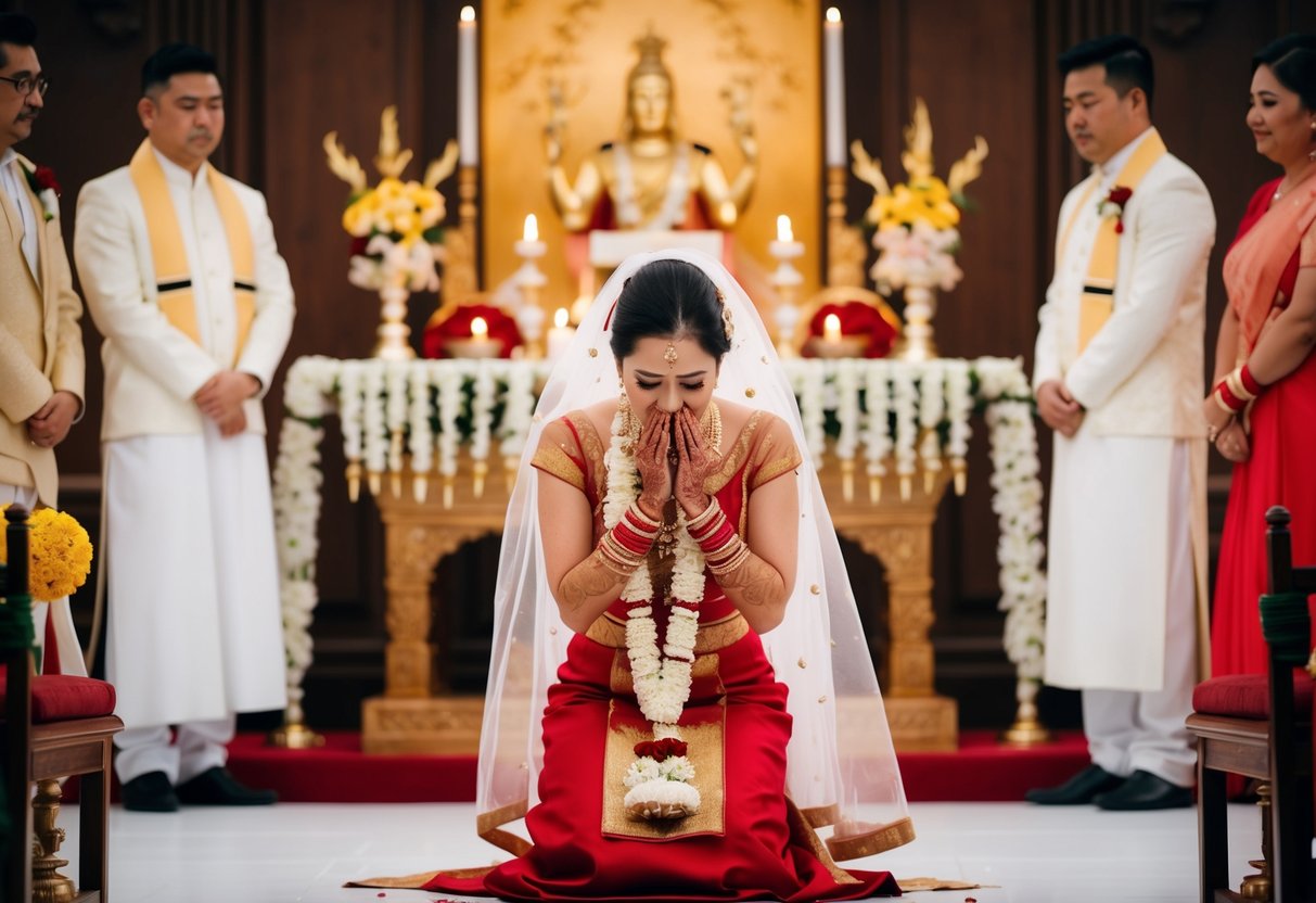 A woman kneeling before a traditional wedding altar, tears streaming down her face, surrounded by symbolic elements of love and marriage