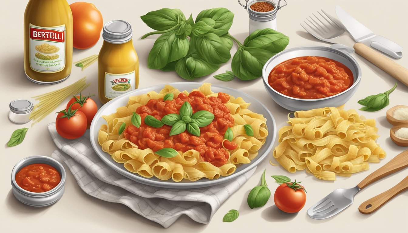 A table set with two jars of pasta sauce surrounded by fresh ingredients and cooking utensils, representing the competition between Bertolli and Ragu