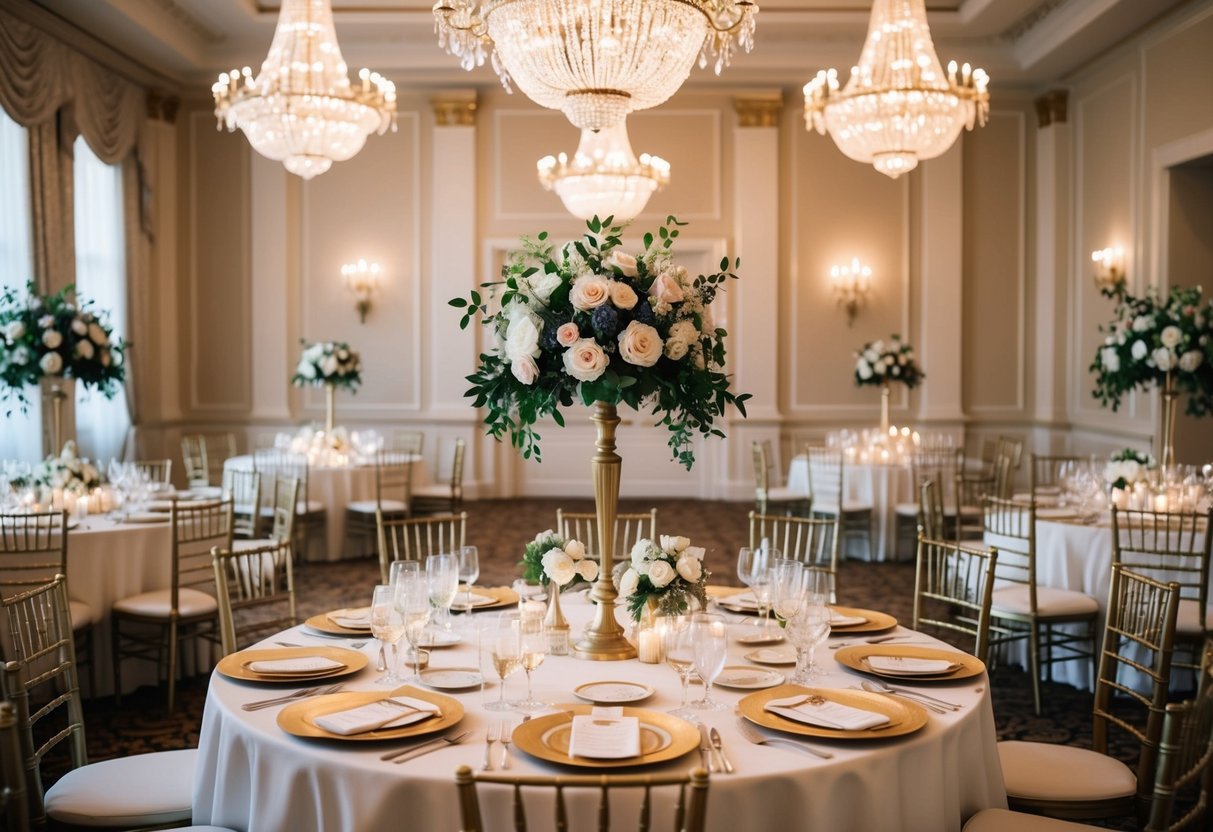 A grand ballroom with elegant chandeliers, floral centerpieces, and gold-trimmed table settings for a sophisticated wedding celebration