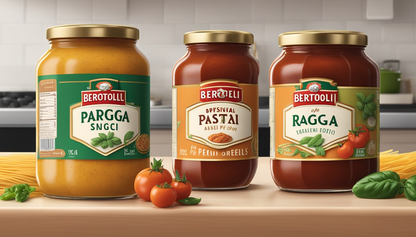 Two jars of pasta sauce, one labeled Bertolli and the other Ragu, sit side by side on a kitchen counter. Each jar is open, revealing the contents inside