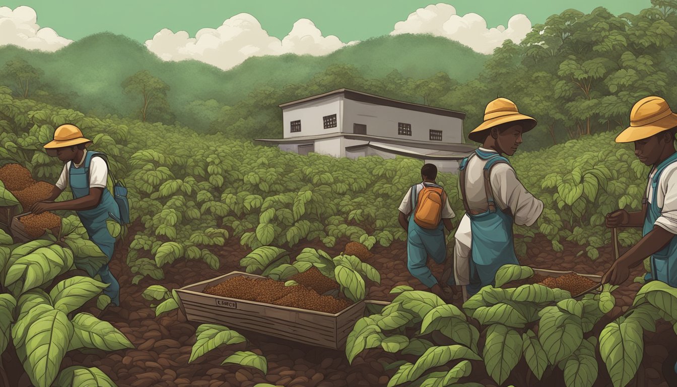 A lush cocoa farm with workers in fair trade gear, contrasted with a polluted factory emitting smoke