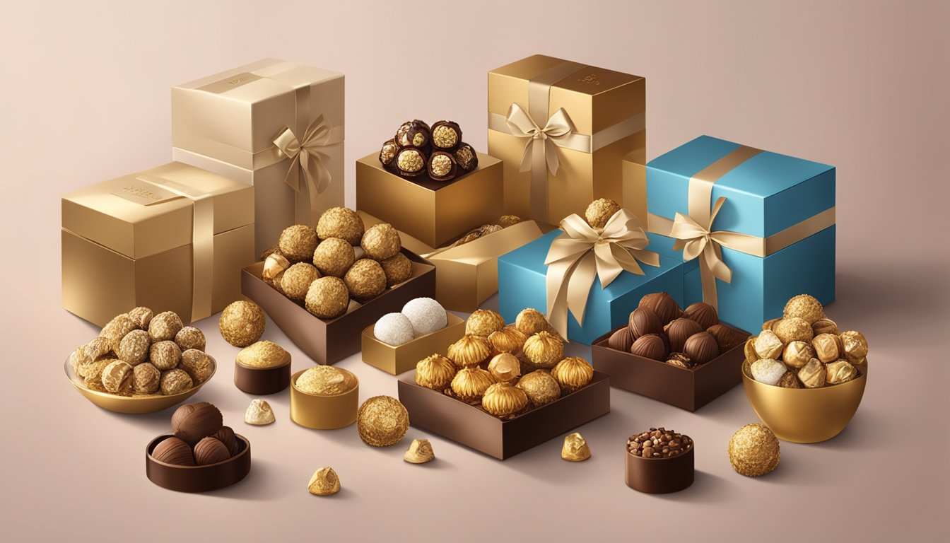 A lavish display of Godiva and Ferrero Rocher chocolates, surrounded by elegant packaging and decadent ingredients, evoking a sense of luxury and indulgence