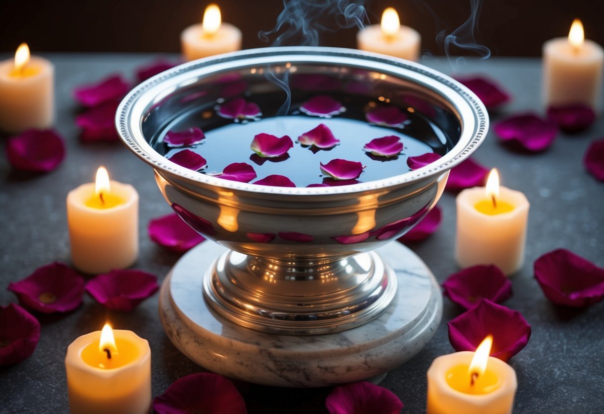 A silver bowl filled with water and rose petals sits on a marble pedestal, surrounded by flickering candles and fragrant incense