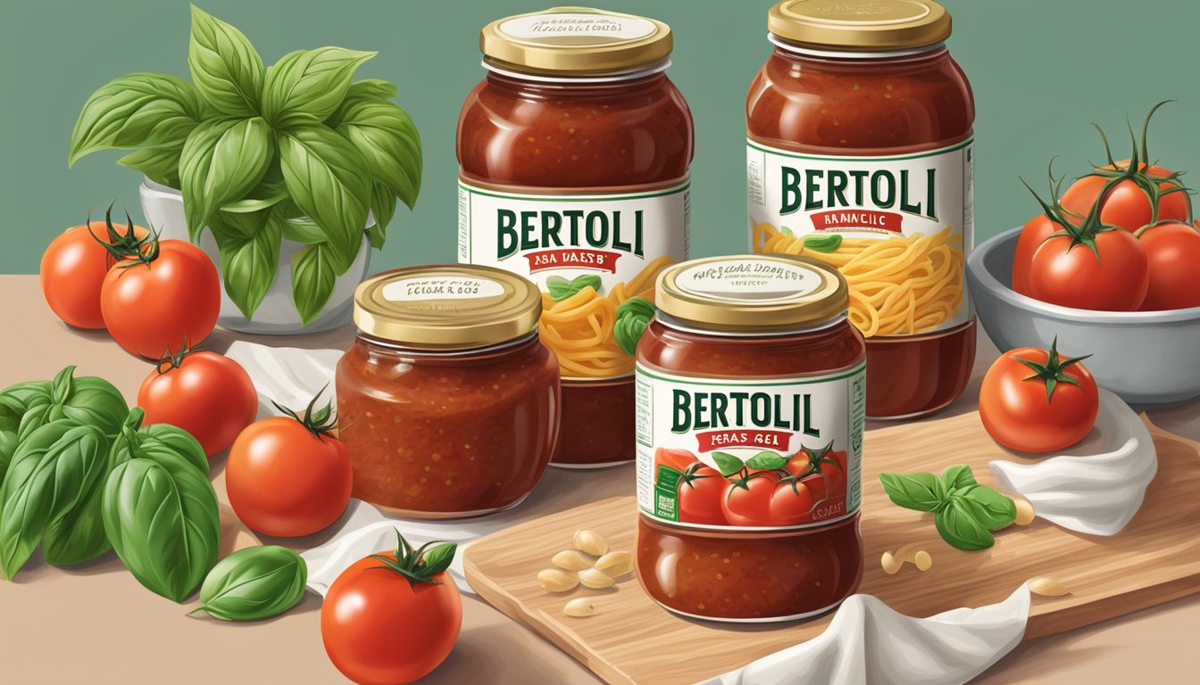 A table with jars of Bertolli and Ragu pasta sauce, surrounded by fresh tomatoes, basil, and garlic