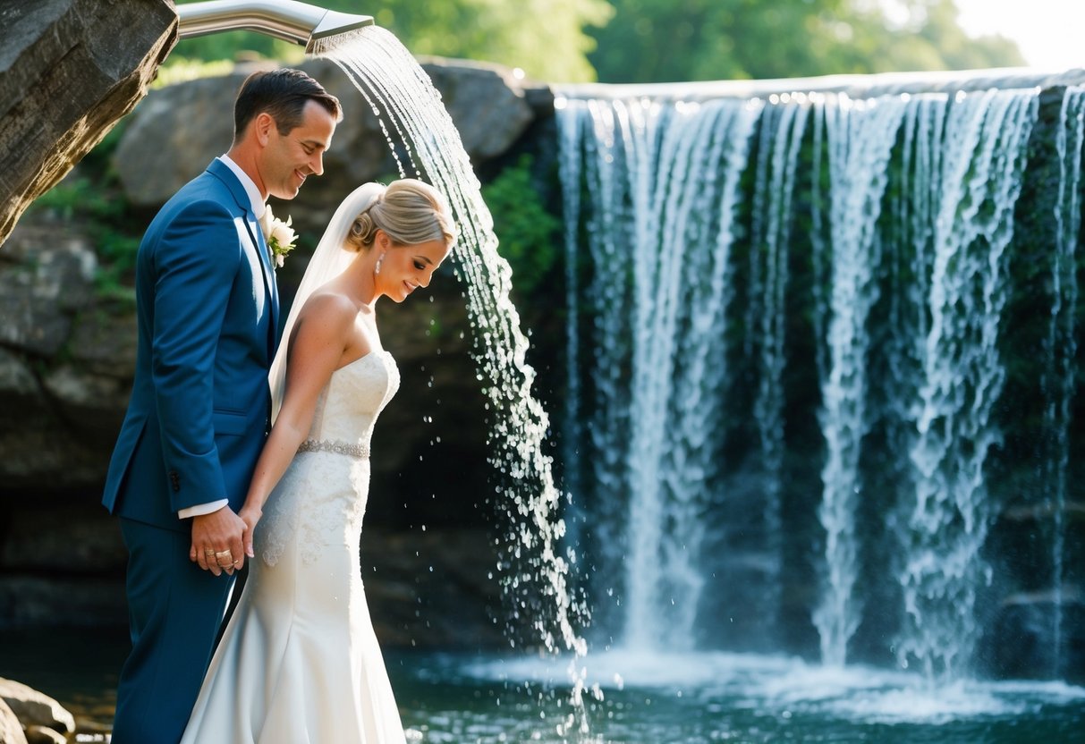 A bride and groom stand under a cascading waterfall, cleansing themselves before their wedding ceremony
