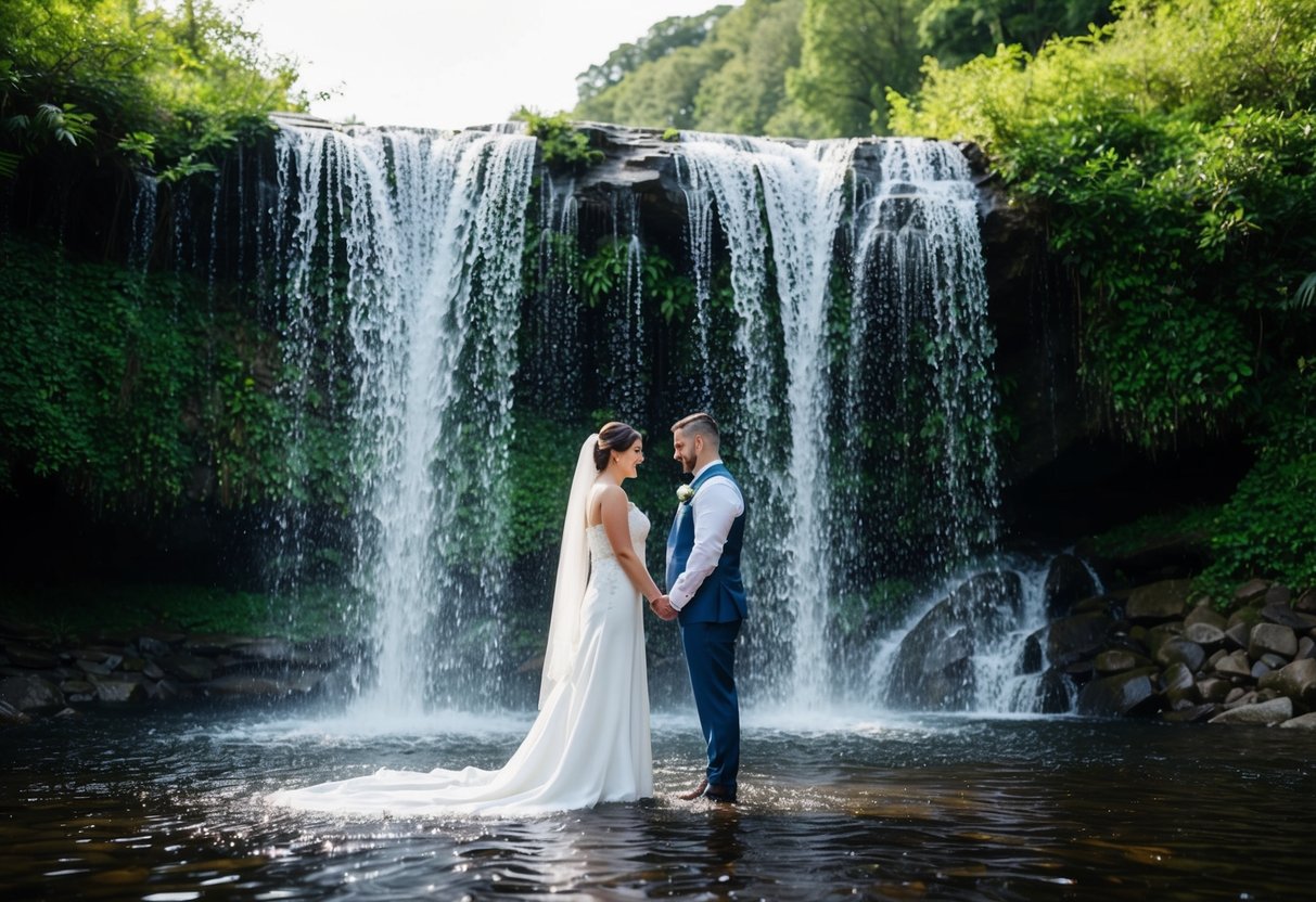 A bride and groom stand under a cascading waterfall, surrounded by lush greenery, as they perform a ritual of purification before their wedding ceremony