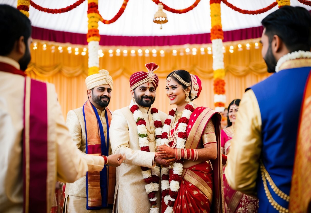 A traditional Indian wedding ceremony with vibrant colors, intricate decorations, and symbolic rituals
