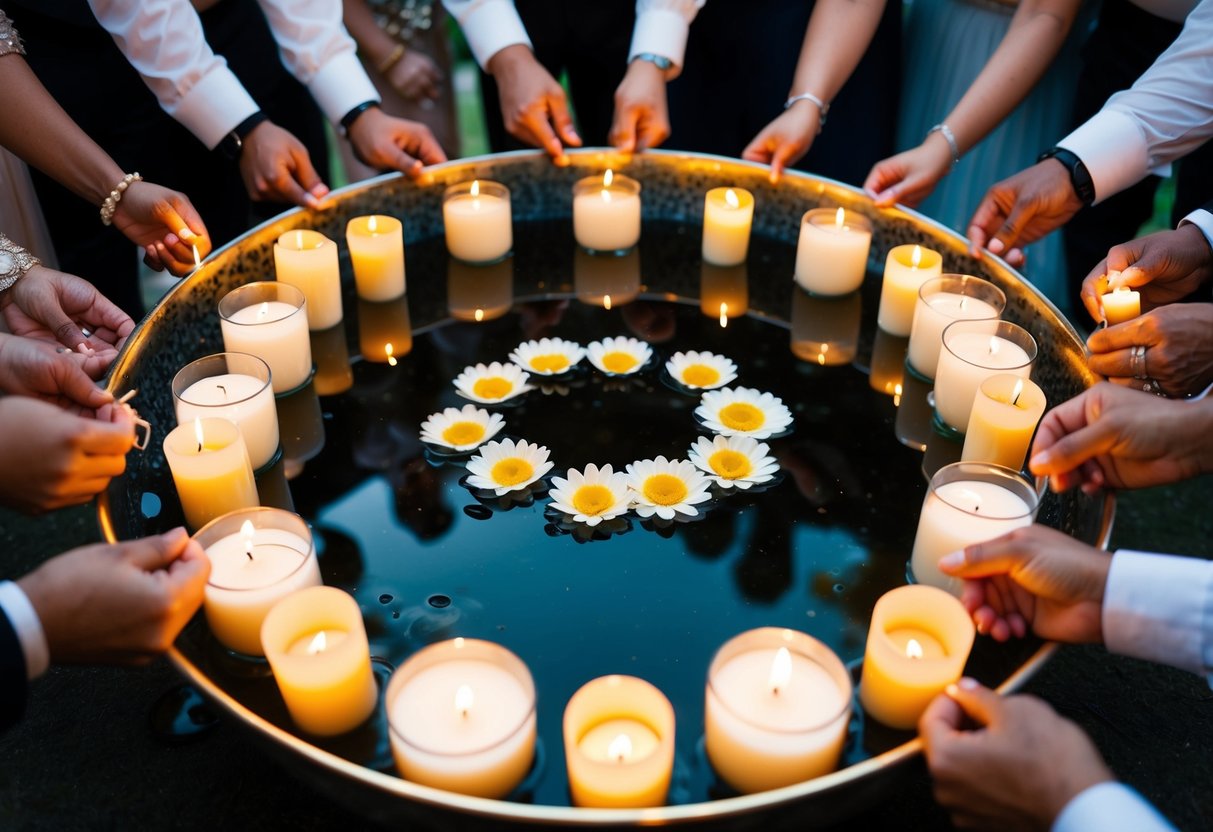 A circle of water bowls, each with a floating flower, surrounded by guests with lit candles, symbolizing unity and commitment