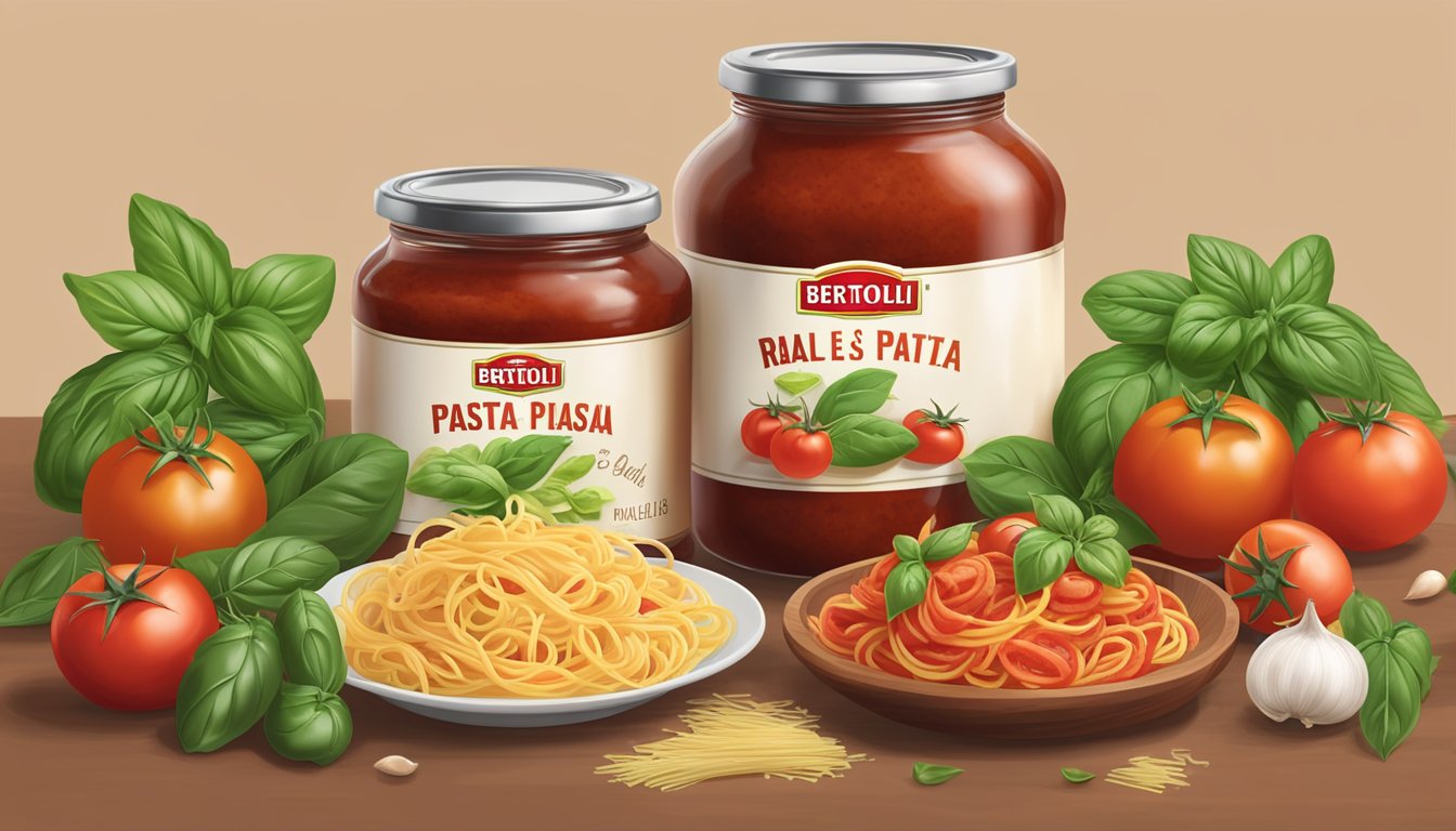 A table with two jars of pasta sauce, one with the Bertolli label and the other with the Ragu label, surrounded by fresh tomatoes, basil leaves, and garlic bulbs