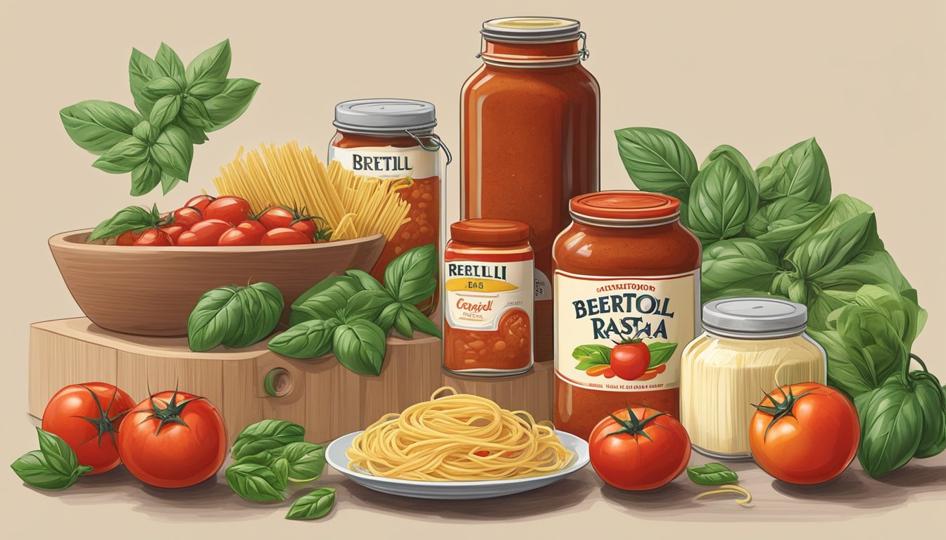 A table with two jars of pasta sauce, one Bertolli and one Ragu, surrounded by various ingredients like tomatoes, basil, and garlic. A scale nearby for comparison