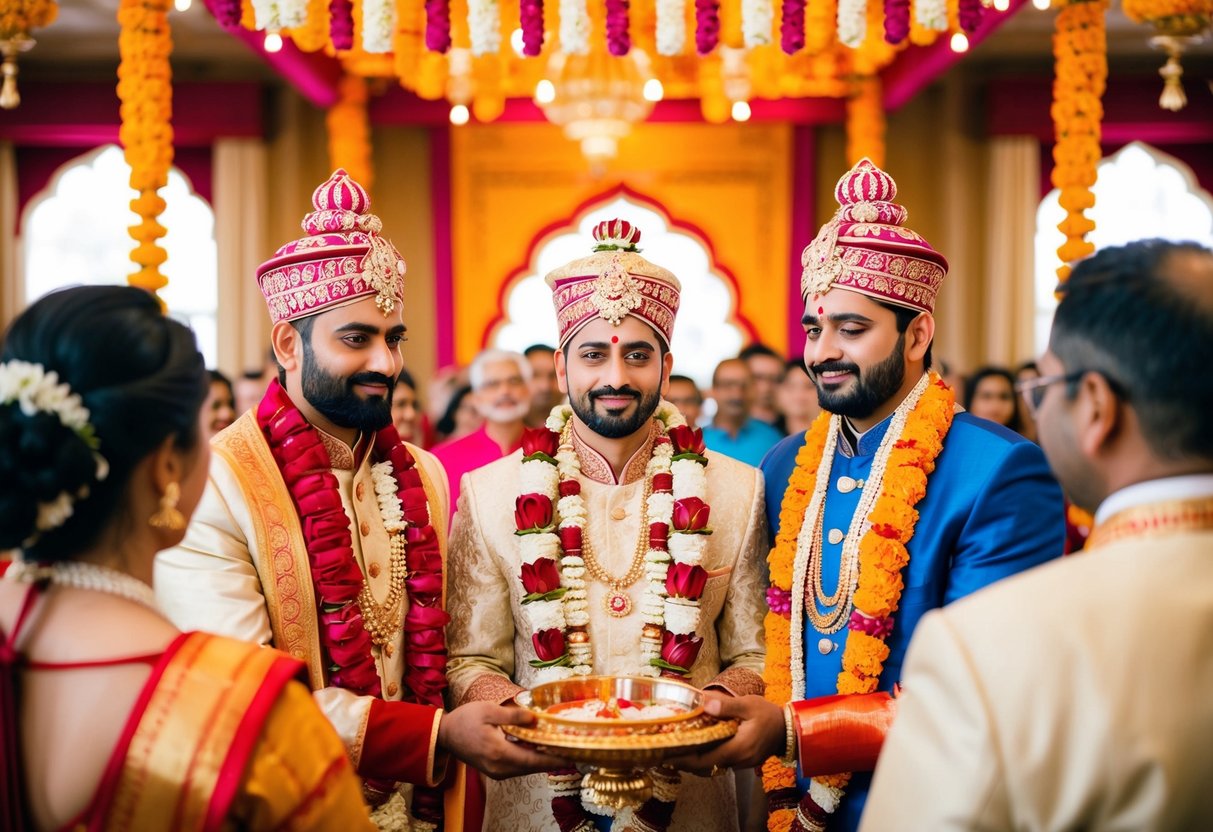 A traditional Hindu wedding ceremony with colorful decorations and intricate rituals