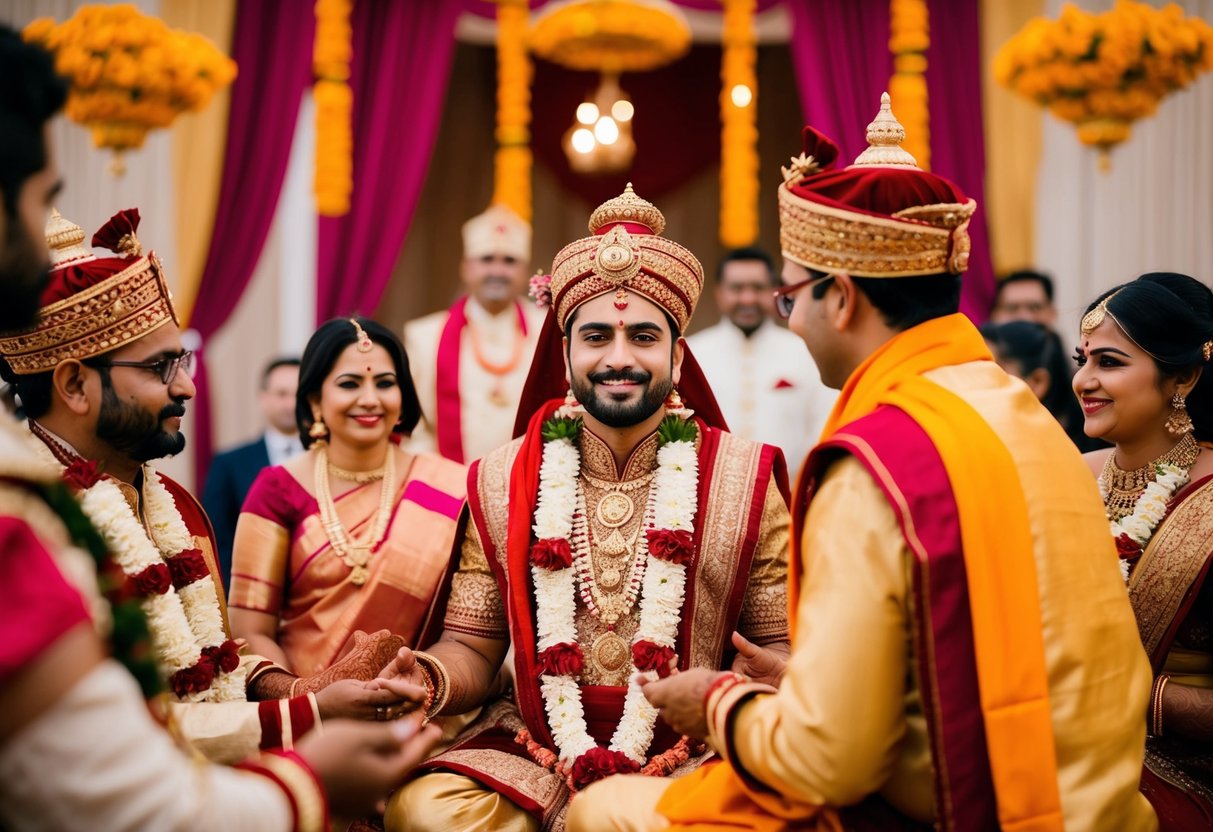 A traditional Hindu wedding ceremony with intricate rituals and vibrant decorations