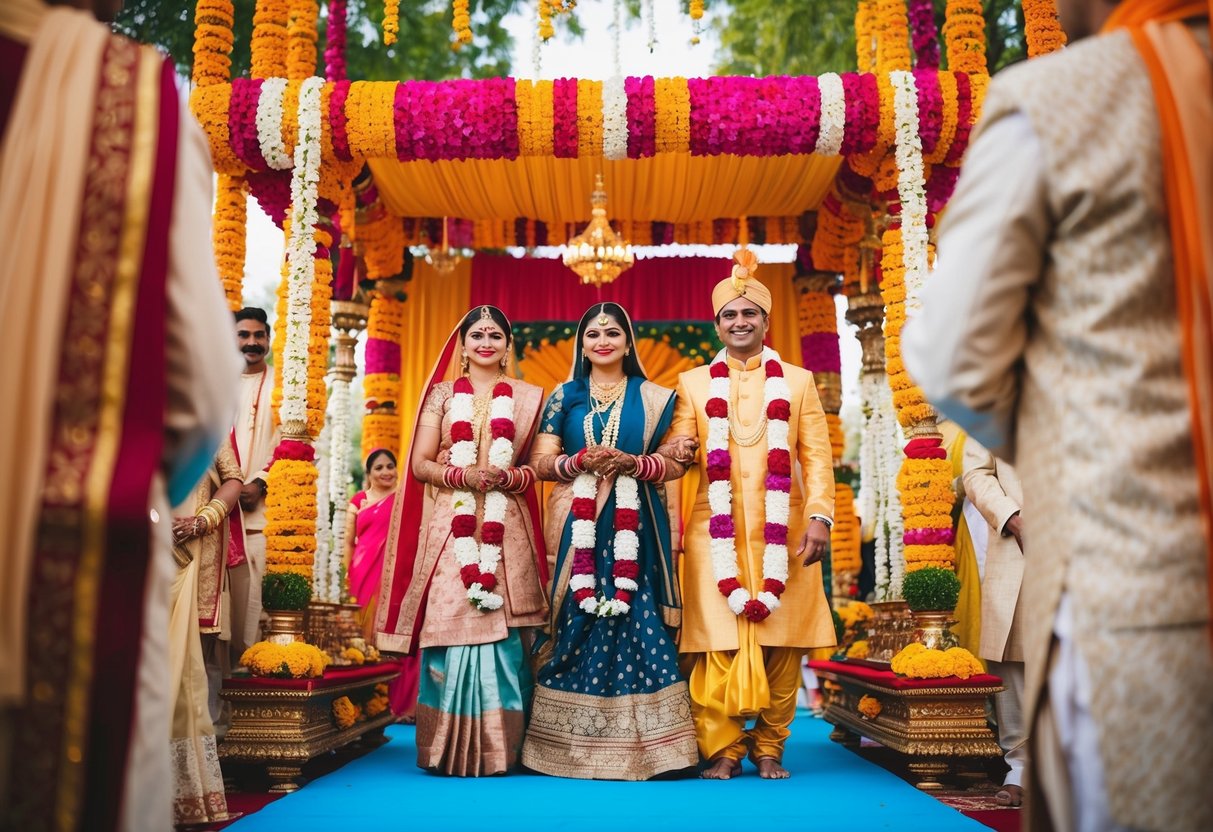A traditional Indian wedding ceremony, with vibrant colors, intricate decorations, and a lengthy series of rituals and ceremonies