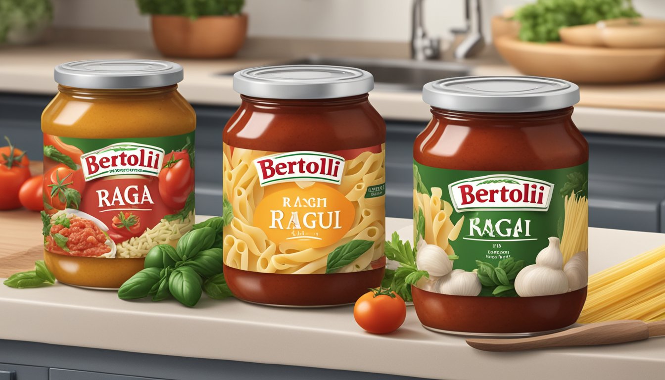 Two jars of pasta sauce, one labeled "Bertolli" and the other "Ragu," sit side by side on a kitchen counter. The labels are facing outward, and the jars are surrounded by various fresh ingredients