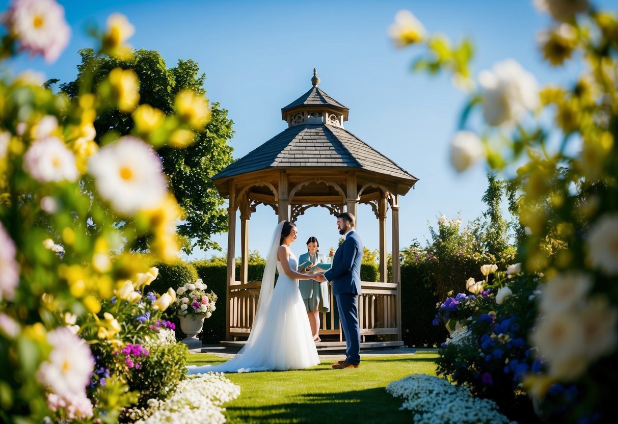 A sunlit garden with blooming flowers and a small gazebo, where two figures exchange vows under a clear blue sky