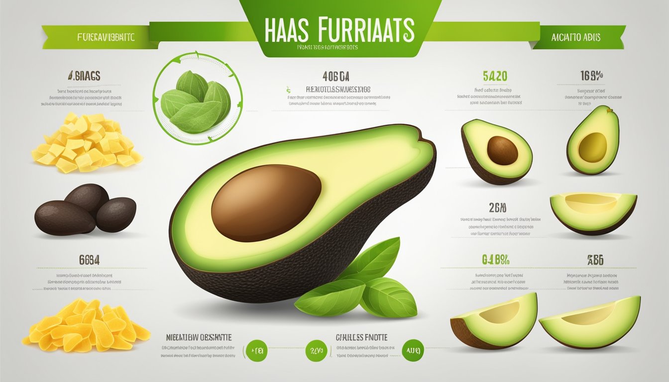 A colorful spread of sliced haas and fuerte avocados with their respective nutritional values and health benefits displayed in a clean and modern infographic style