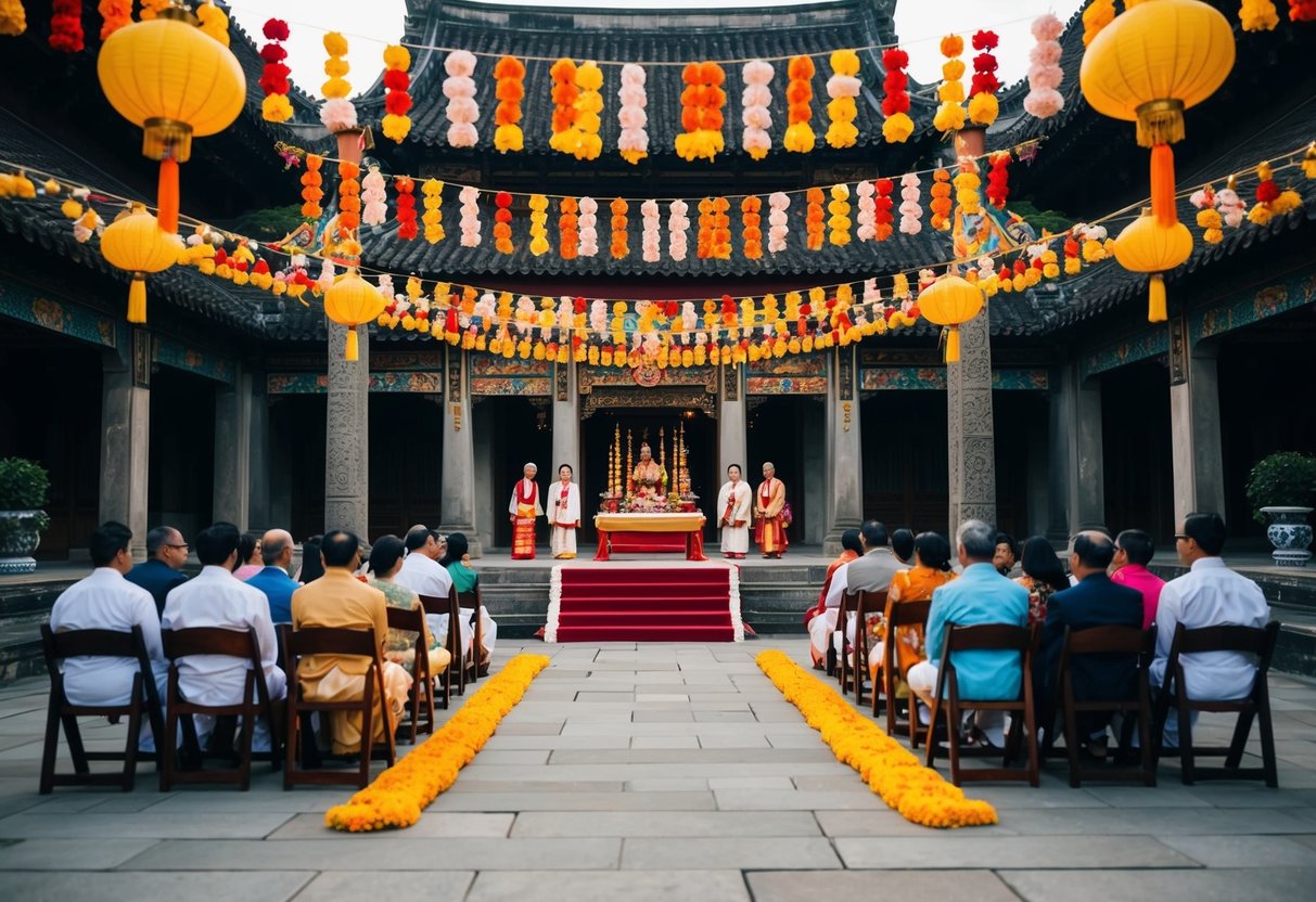 A traditional wedding ceremony taking place in a historic temple courtyard on a Wednesday, with colorful decorations and traditional cultural symbols
