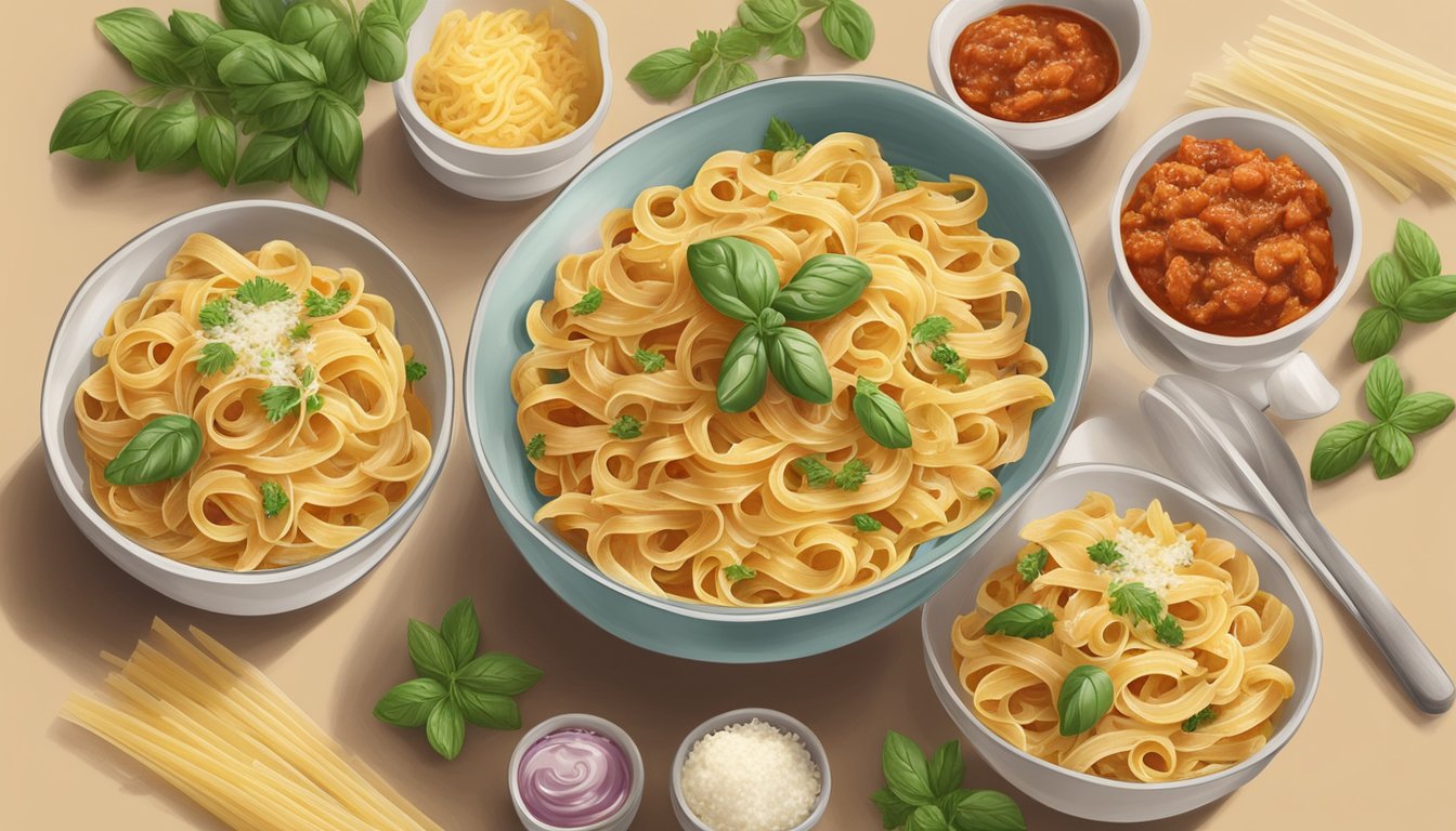 A table set with two bowls of pasta, one topped with Bertolli sauce and the other with Ragu, surrounded by fresh herbs and parmesan cheese