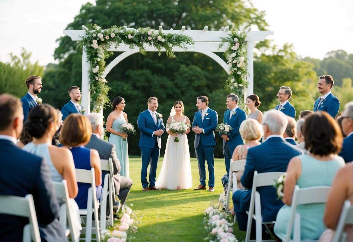 A serene outdoor wedding ceremony on a Wednesday, with a tranquil setting and a small group of guests enjoying a mid-week celebration