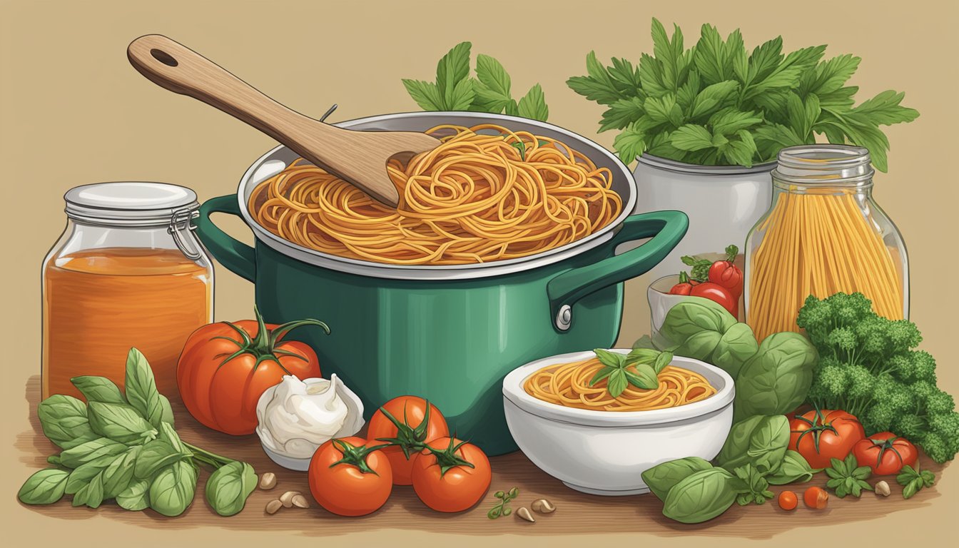 A steaming pot of spaghetti with two jars of sauce, one labeled "Bertolli" and the other "Ragu," surrounded by fresh herbs and vegetables