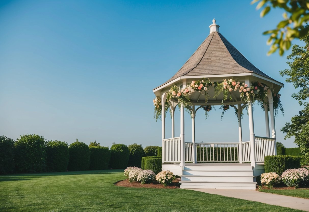 A serene outdoor wedding venue with a gazebo adorned with flowers, surrounded by lush greenery and a clear blue sky on a Wednesday afternoon