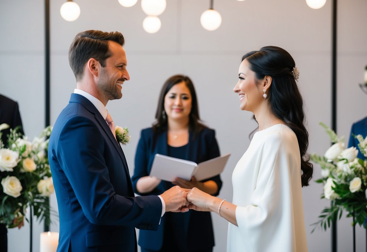 A modern couple exchanging vows in a midweek wedding ceremony, surrounded by contemporary decor and minimalist design elements