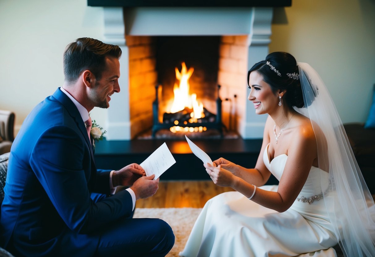 A bride and groom sit by a cozy fire, exchanging handwritten letters and sharing a quiet moment before their wedding day