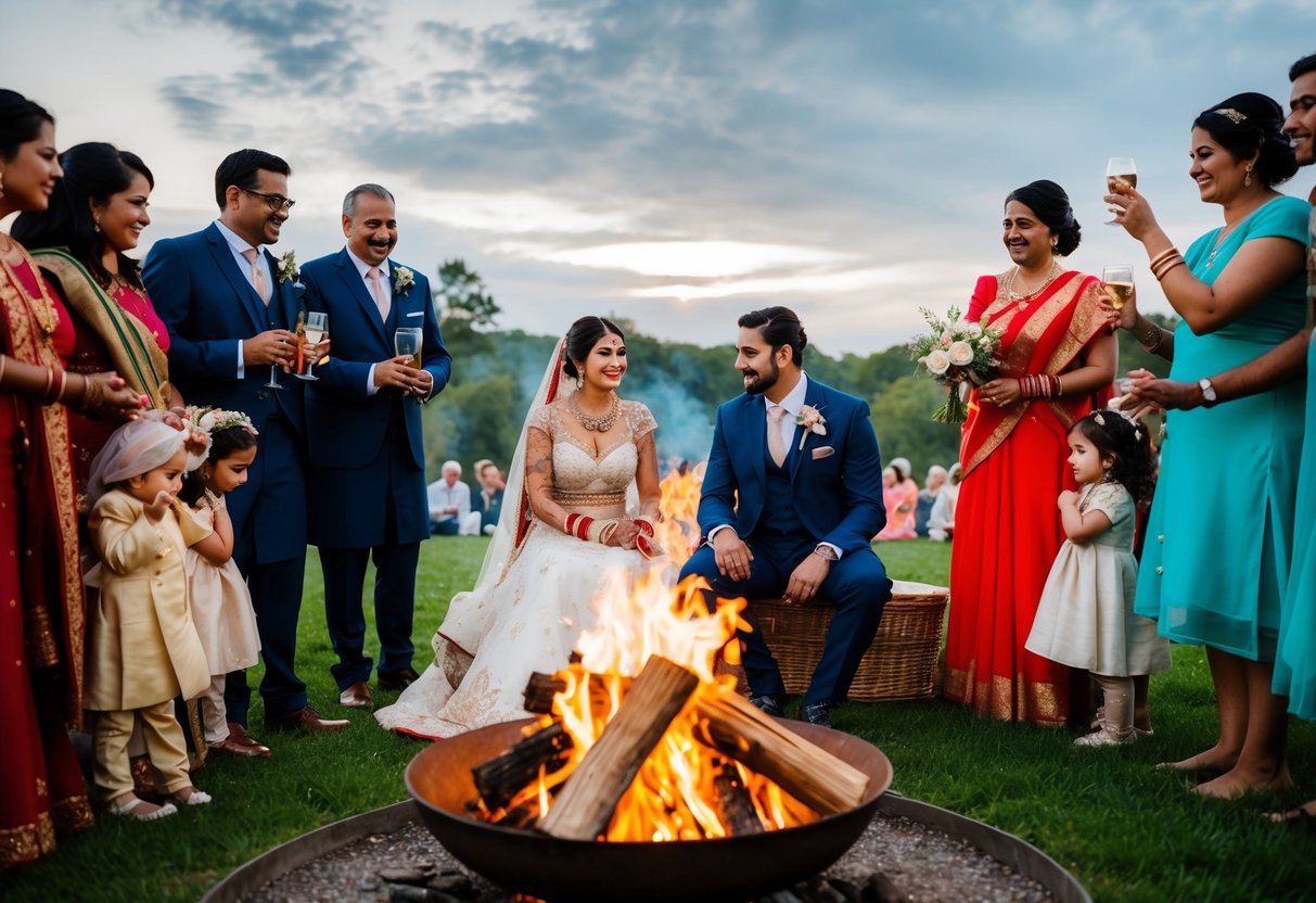 The bride and groom sit around a bonfire, surrounded by family and friends, taking part in traditional pre-wedding rituals and superstitions