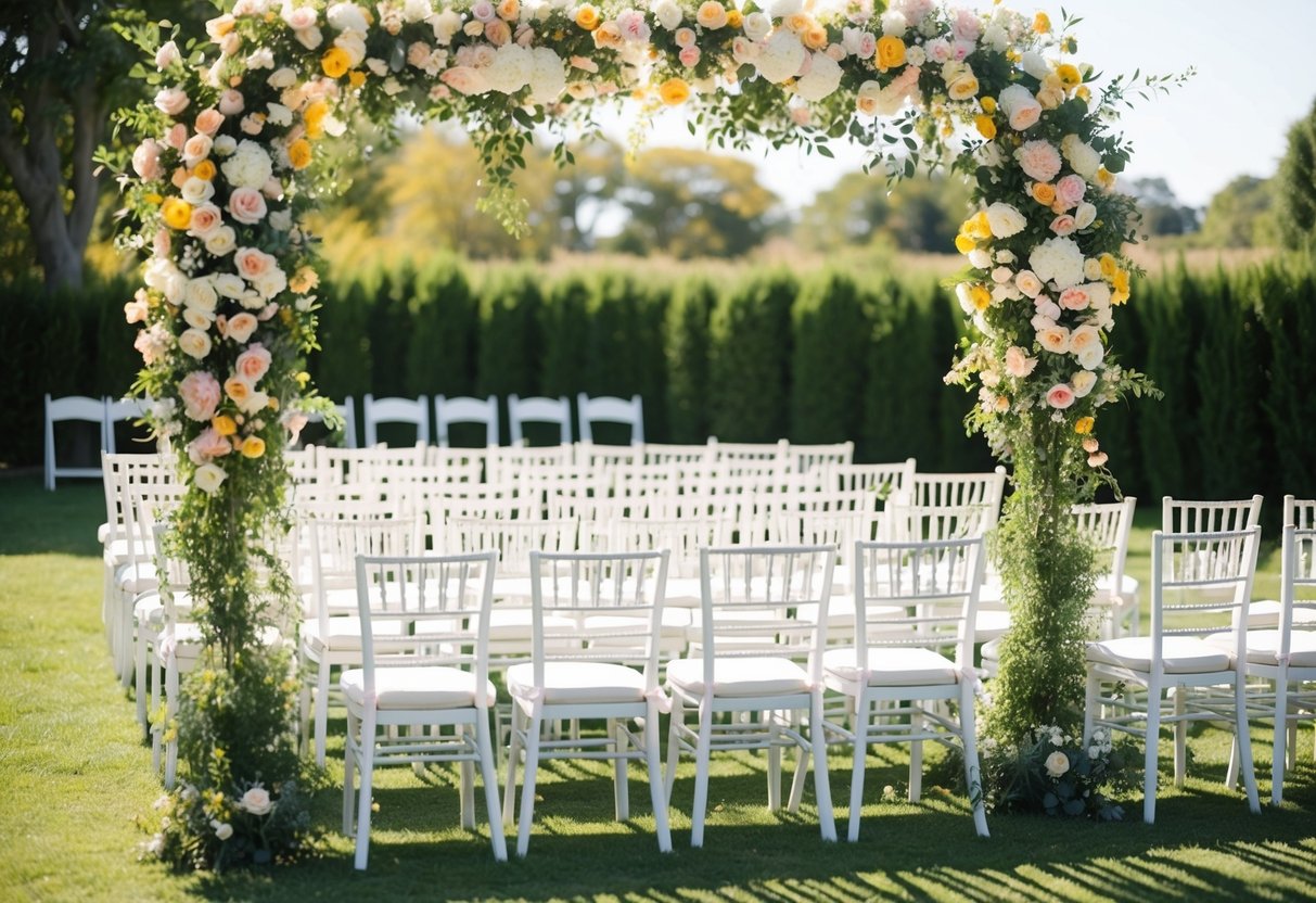 A sunny outdoor setting with a flower-filled archway and rows of white chairs arranged for a wedding ceremony
