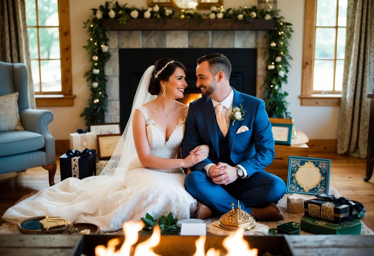 The bride and groom sit together by a cozy fire, surrounded by family heirlooms and wedding gifts, reminiscing about their journey together