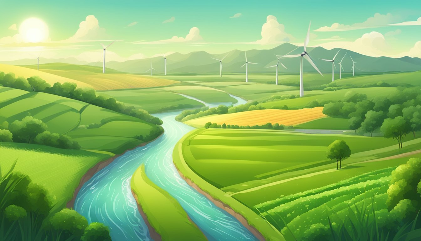 A lush, green landscape with a flowing river, surrounded by fields of grains and fruits. The sun is shining, and there are wind turbines in the distance