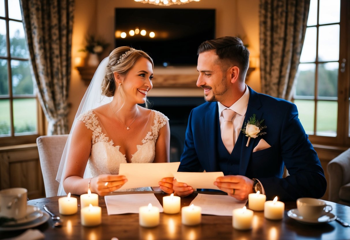The bride and groom sit together in a cozy, candlelit room, exchanging heartfelt letters and reminiscing about their journey together