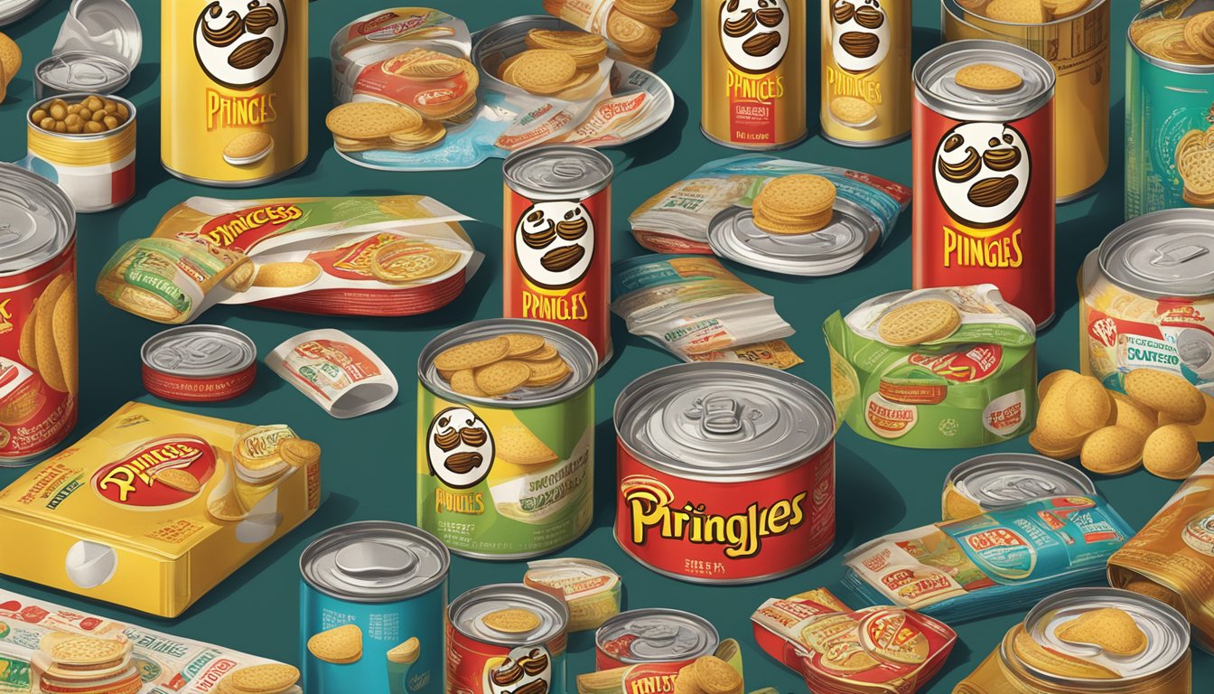 A table with open cans of Pringles and Stax, surrounded by vintage advertisements and packaging