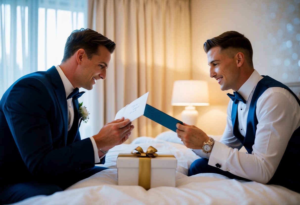 The bride and groom exchange gifts and letters the night before the wedding