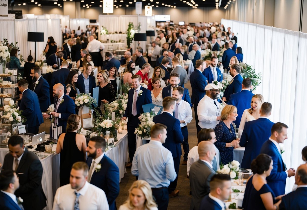 A bustling wedding expo with rows of vendors and venues, filled with excited couples exploring options