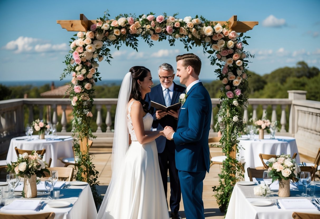 A couple exchanging vows under a floral arch on a sunny, outdoor terrace. Tables set with personalized decor and unique wedding dates