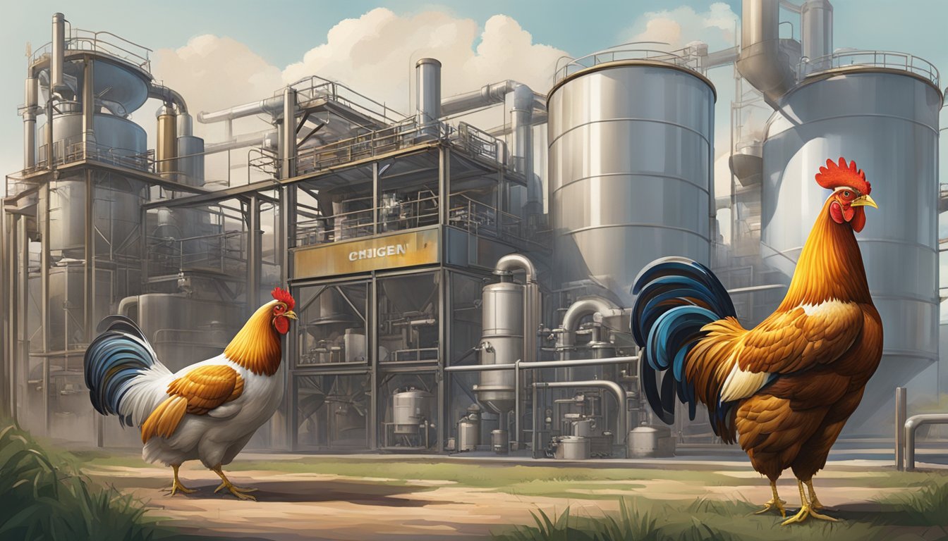 Two rival chicken processing plants stand facing each other, their logos emblazoned on the front of their respective buildings. The air is filled with the sounds of machinery and the smell of chicken feed