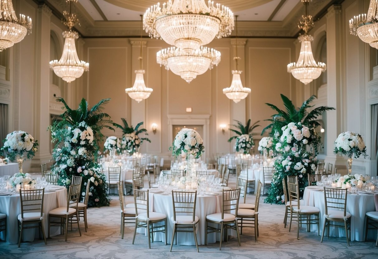 A grand ballroom with ornate chandeliers, elegant table settings, and cascading floral arrangements