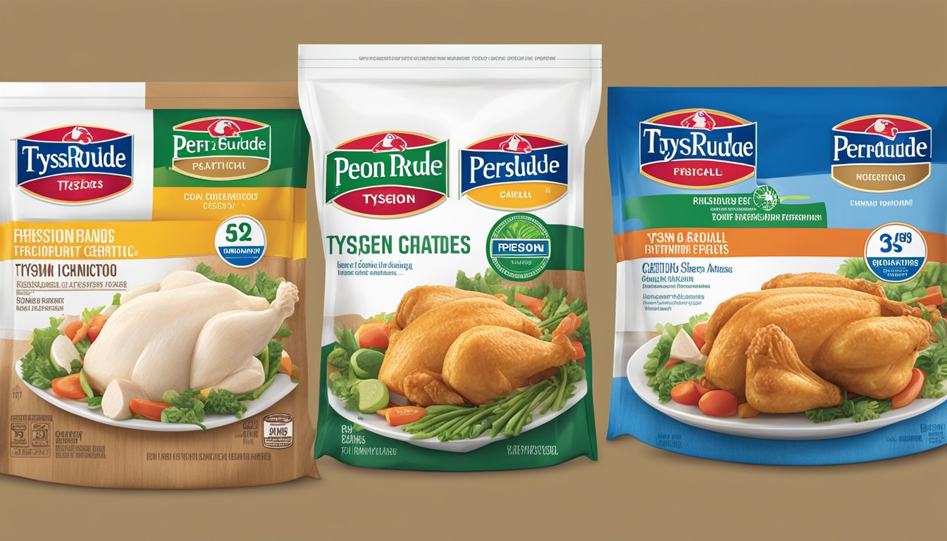 Two chicken brands, Tyson and Perdue, displayed side by side with their respective nutritional labels and quality certifications