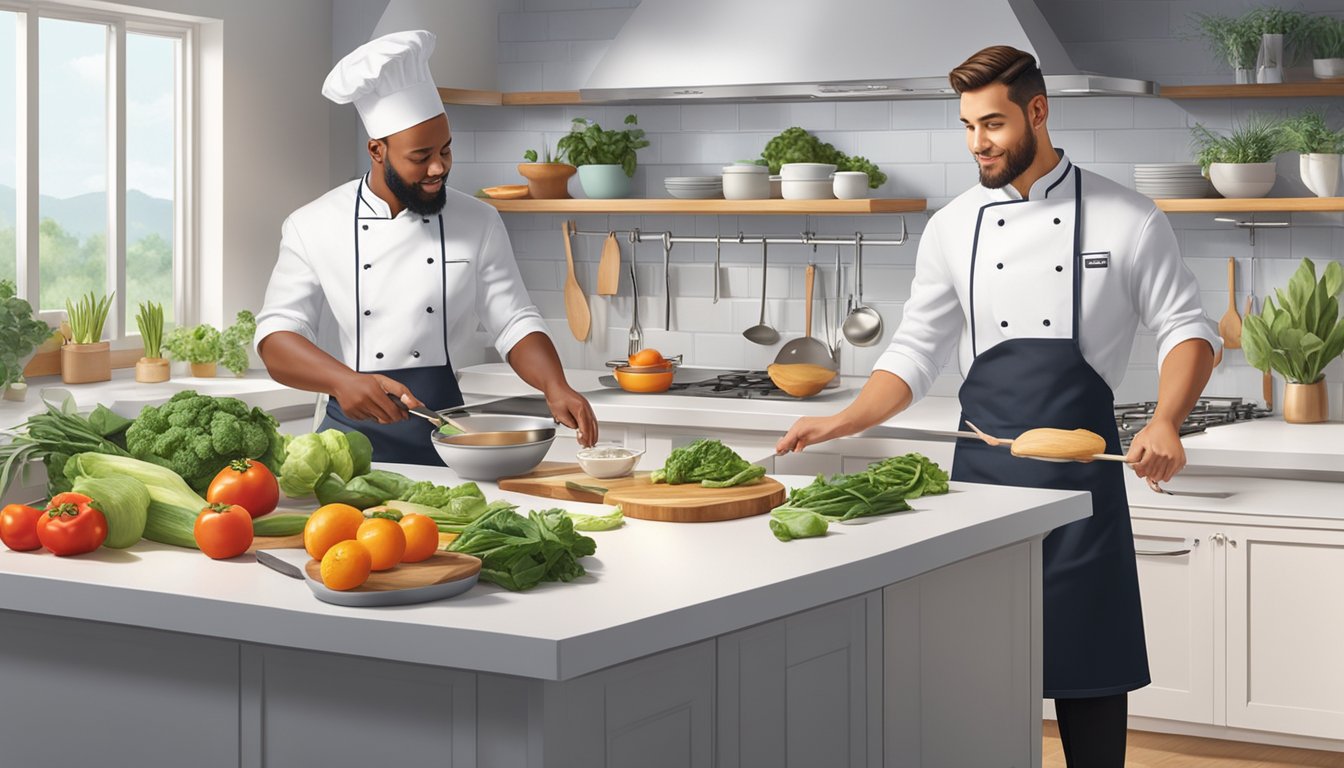 Two chefs in white aprons cooking in a modern kitchen, surrounded by fresh ingredients and utensils, each representing Tyson and Perdue